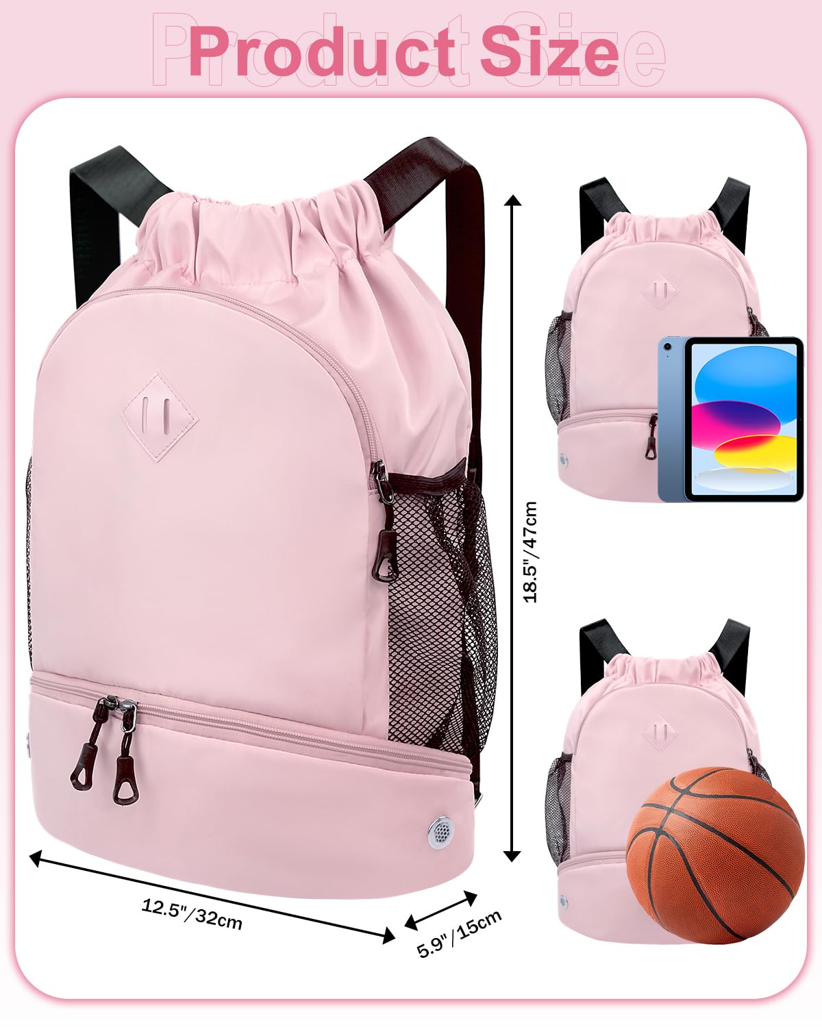 **Drawstring Backpack for Gym & Sports - Lightweight Water-Resistant Backpack with Shoe Compartment & Wet Pocket - Perfect for Swimming, Beach, Running & Travel - Pink**