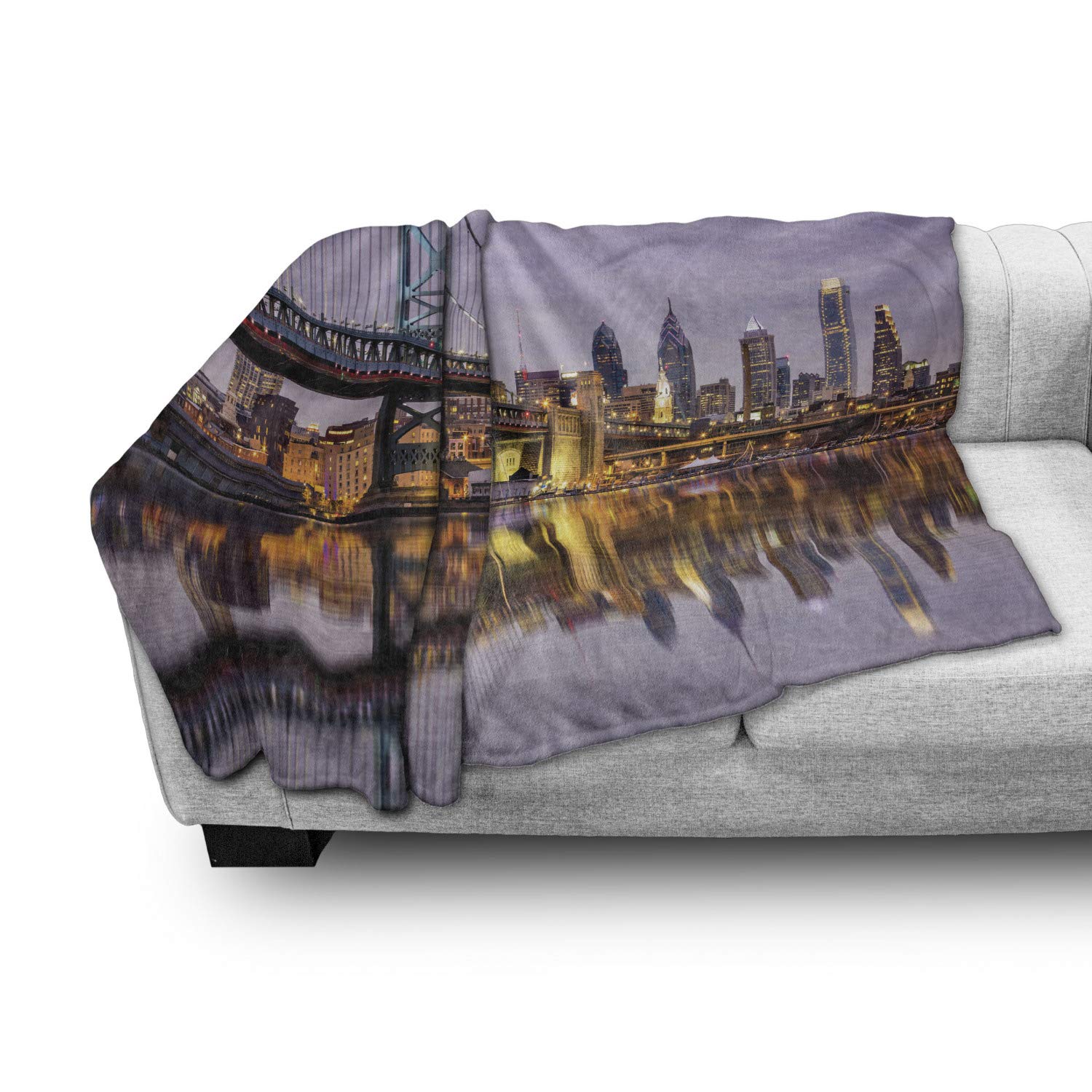 Lunarable USA Soft Flannel Fleece Throw Blanket - Ben Franklin Bridge & Philadelphia Skyline Sunset Design, 50