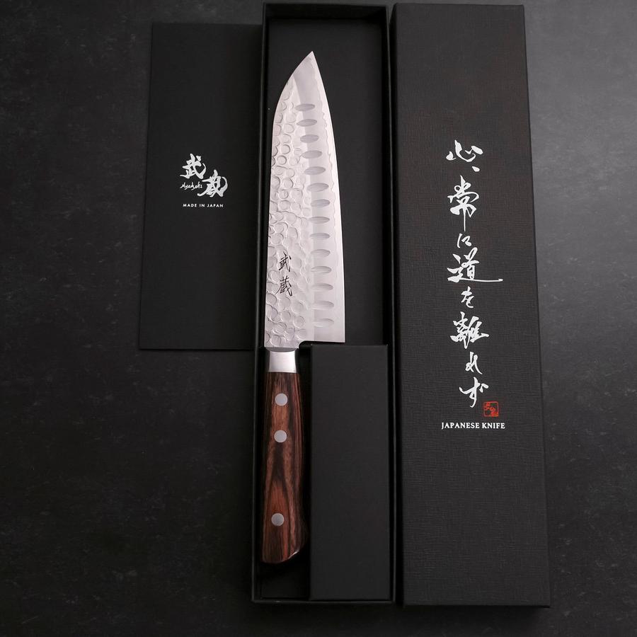 Premium Santoku Knife 7 Inch - VG-10 Japanese Steel with Hammered Tsuchime Finish & Mahogany Handle - Professional Chef Knife for Slicing, Dicing, and Chopping Vegetables, Meat, and Fish
