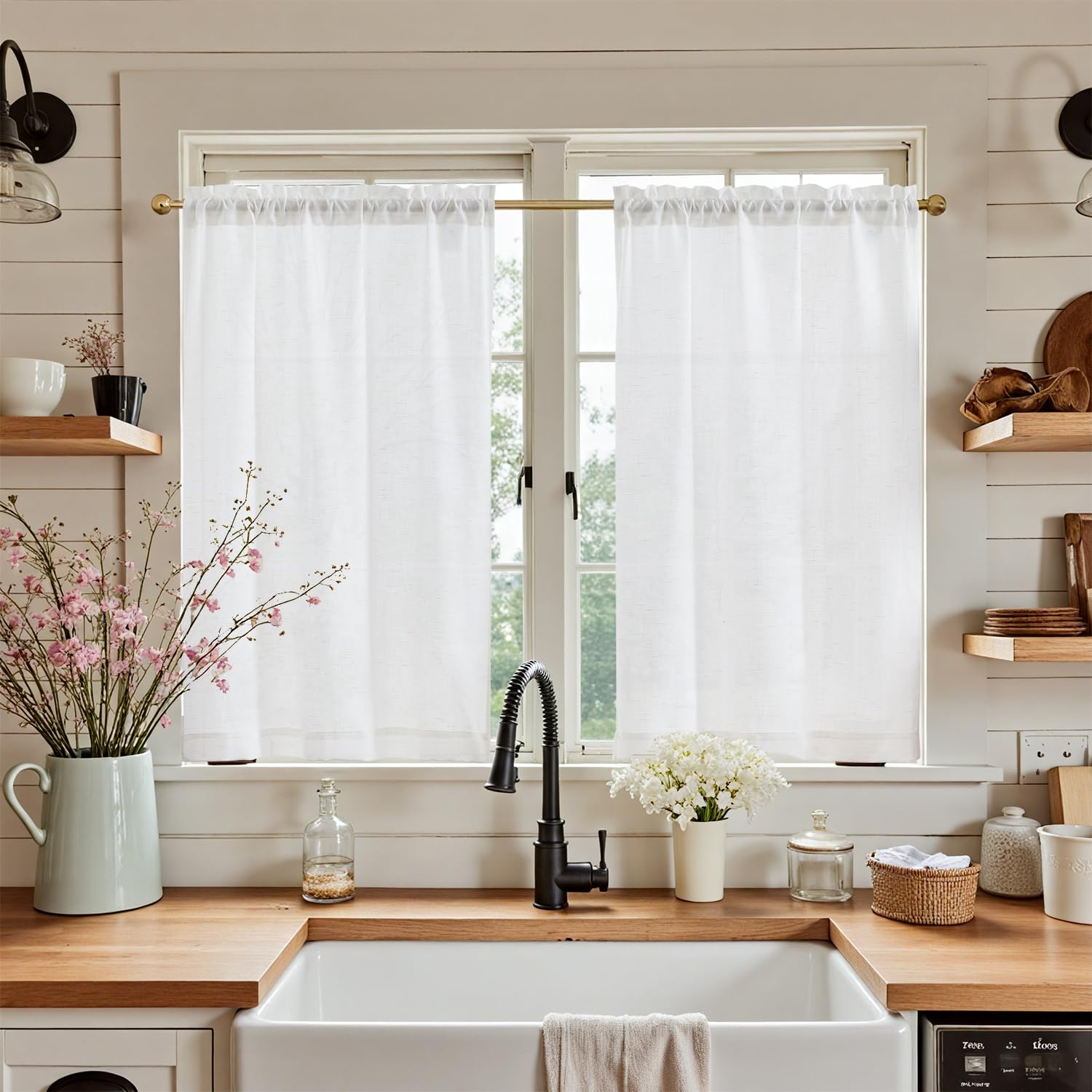 Jinchan Linen Kitchen Curtains 24 Inch - Farmhouse Cafe Tier Drapes for Small Windows, Bathroom, Laundry Room & RV - Light Filtering Rustic Rod Pocket Panels in White - Perfect for Country Style Kitchens, Cozy Bathrooms & Mobile Homes