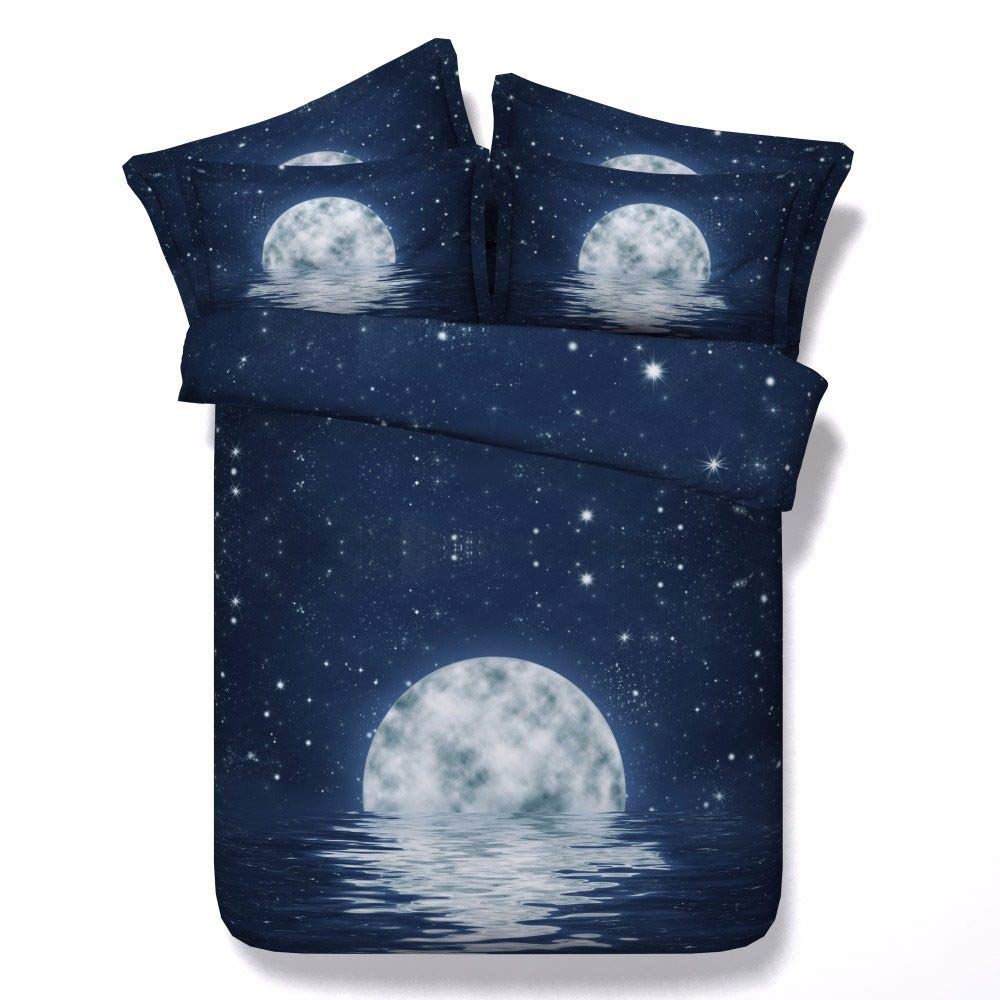 KTUCN Dark Blue Moon Print Bedding Set - HD Digital Printed Sheets & Bed Cover - Single Size 4PCS - Soft Fabric for Cozy Sleep - Perfect for Kids Room, Dorm, or Guest Bedroom