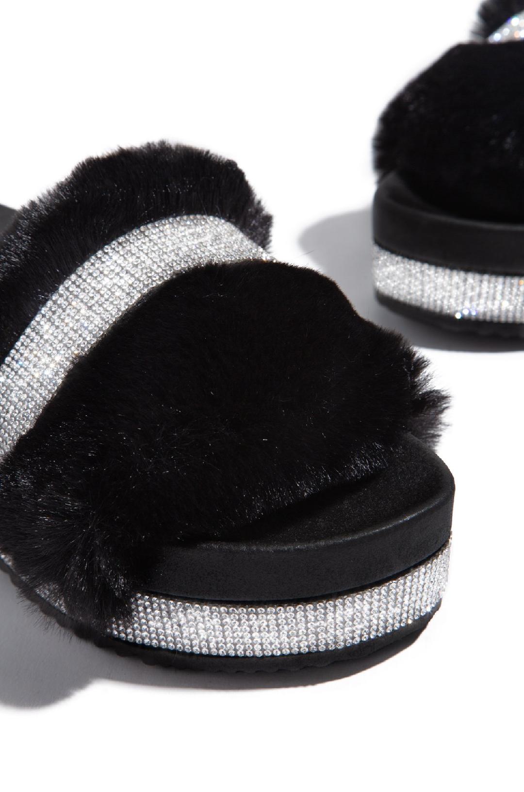 Nia Black Fur Sandals for Women - Comfortable Winter House Slippers with Soft Faux Fur, Non-Slip Sole | Perfect for Indoor, Lounge, and Cozy Home Wear