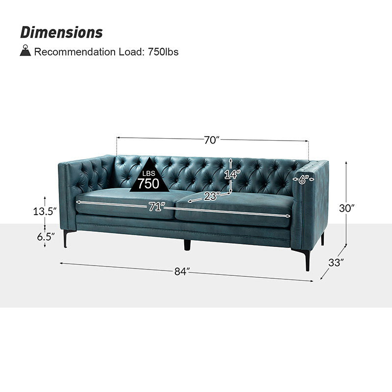 84'' Vegan Leather Tufted Sofa - Modern Faux Leather Couch for Living Room, Office & Lounge - Comfortable Mid-Century Style Sectional with Button Tufting
