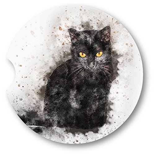 Stylish Watercolor Black Cat Sandstone Car Coasters - Set of 2 Non-Slip Drink Coasters for Cars, Home & Office Use