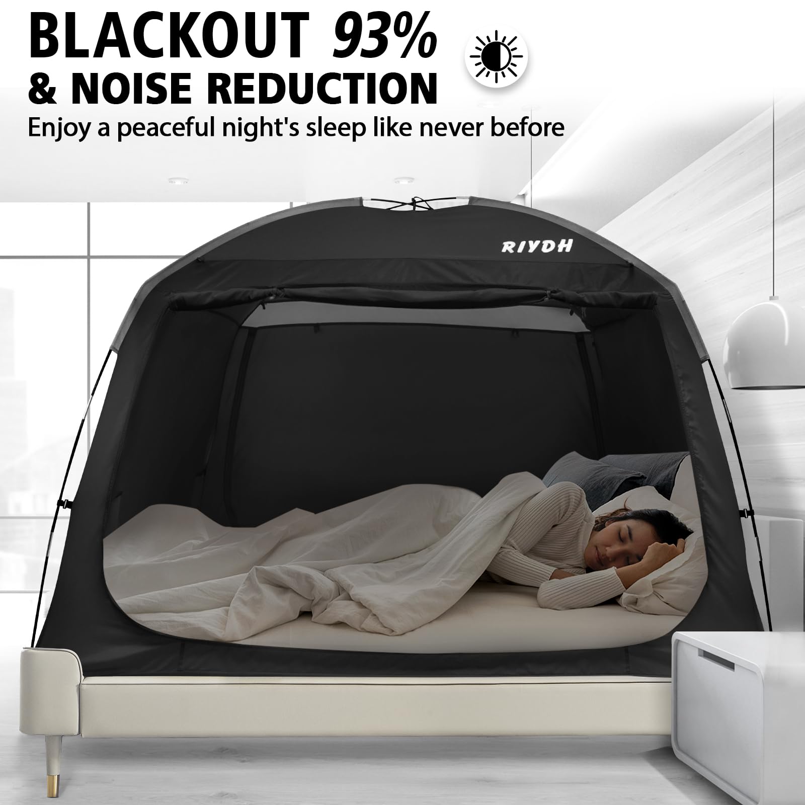 Breathable Bed Tent Canopy for Adults & Kids - 93% Light Reduction, Portable Indoor Sleeping Tent with String Lights, 3 Doors - Twin/Full/Queen/King Size | Perfect for Camping, Bedroom Privacy & Cozy Sleepovers