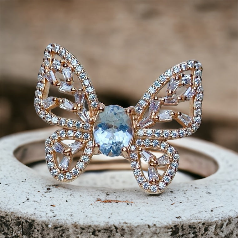 18K Gold Butterfly Aquamarine Crystal Ring for Women - Elegant Vintage Jewelry Gift for Birthday, Anniversary & Valentine's Day | NS2401