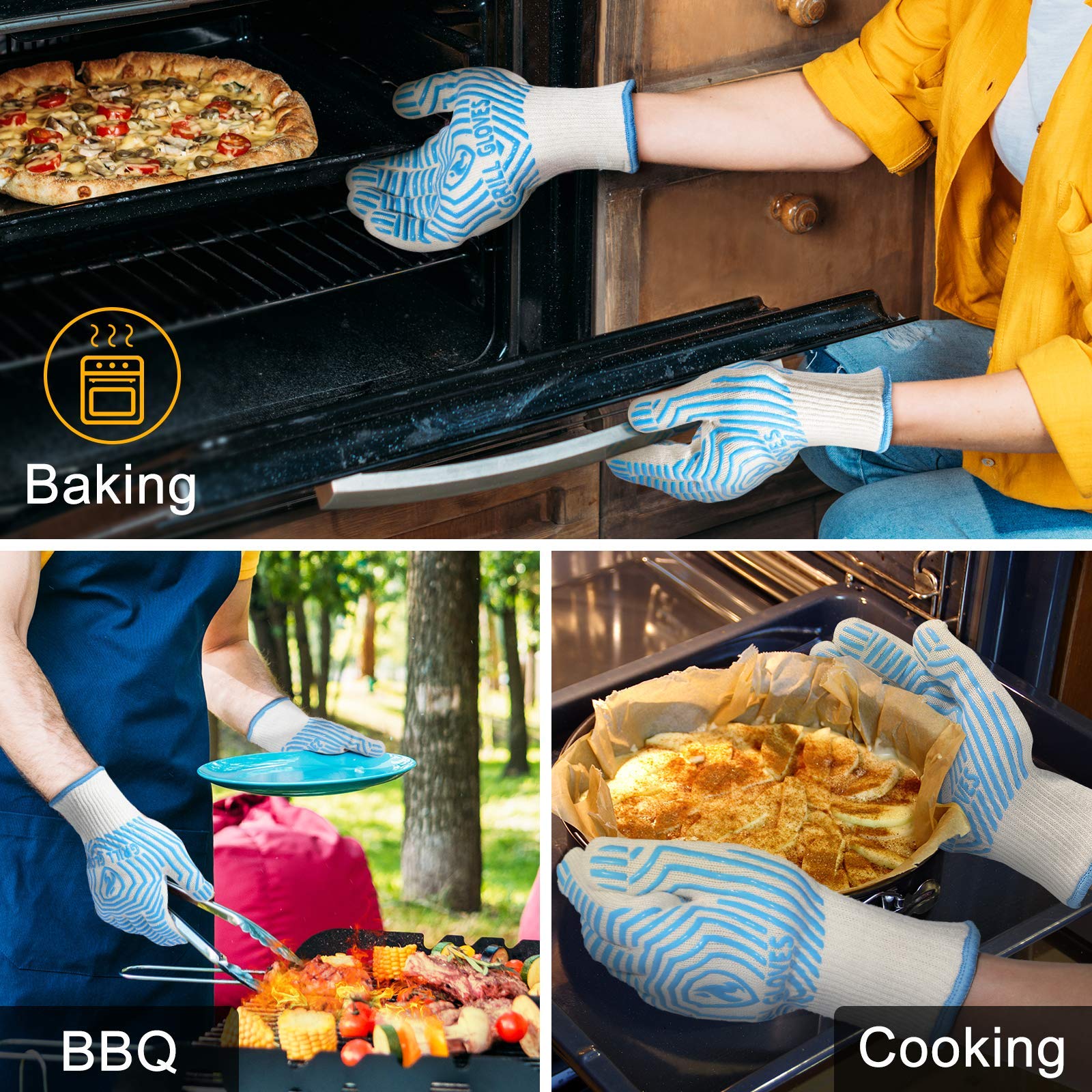 QUWIN Heat Resistant BBQ Gloves - 1472℉ Extreme Heat Protection, Non-Slip Silicone Oven Mitts for Grilling, Cooking & Baking - Perfect for Outdoor BBQ, Camping & Kitchen Use (Blue, One Size Fits Most)