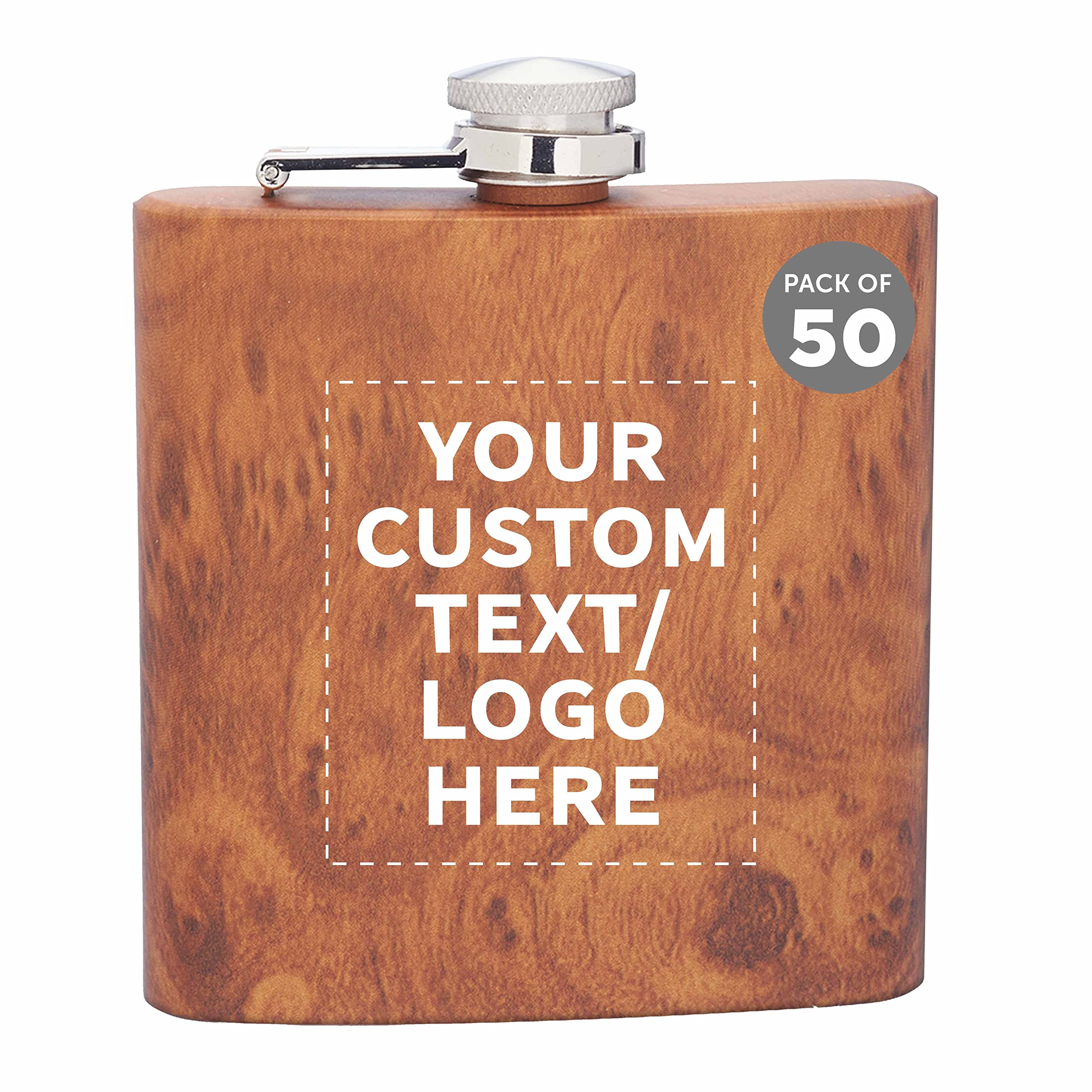 50-Pack Custom Murano Stainless Steel Hip Flasks 6 oz - Personalized Bulk Wedding Party Gifts, Groomsmen Gifts - Screw Top Cap, Leakproof - Perfect for Outdoor Activities, Camping, Hiking & Travel - Engraved Wood Gift Box