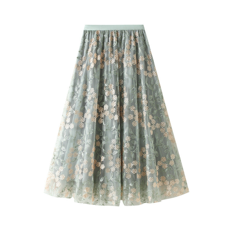 Embroidered Mesh Midi Skirt for Women - Floral Lace Summer Skirt with High Waist, A-Line Design - Perfect for Beach, Party, and Casual Outfits