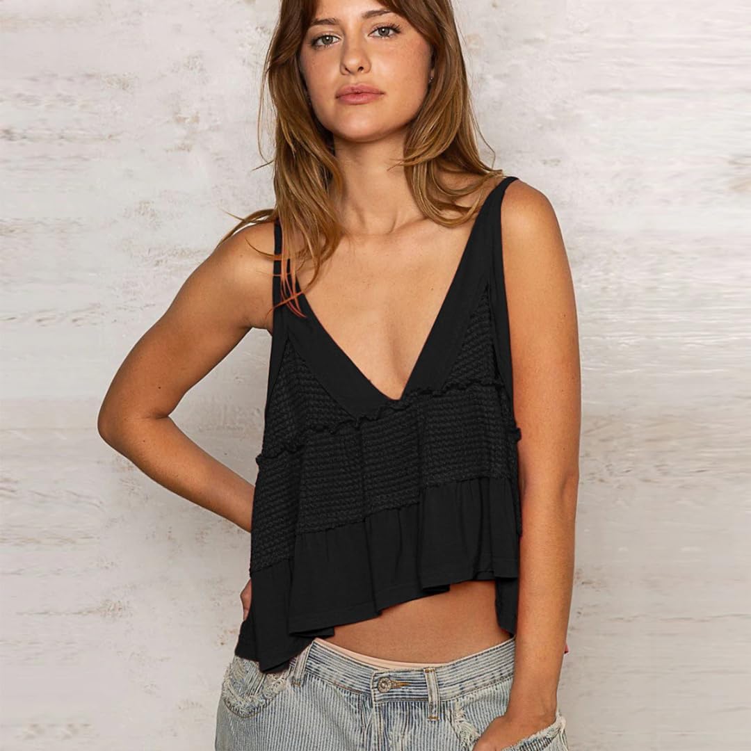 Women's Summer Peplum Top - V Neck Sleeveless Waffle Knit Camisole with Backless Design & Ruffle Hem | Flowy Babydoll Blouse for Casual Wear, Beach Outfits, and Date Nights
