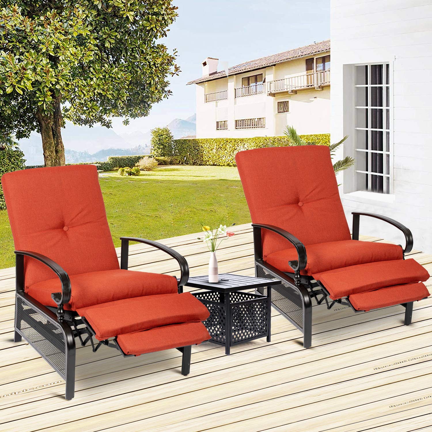 Crownland 3-Piece Outdoor Lounge Chair Set - Adjustable Reclining Patio Chairs with Umbrella Bistro Table, Durable Metal Furniture with Water-Resistant Cushions (Red) - Perfect for Poolside, Garden, Patio, and Backyard Relaxation