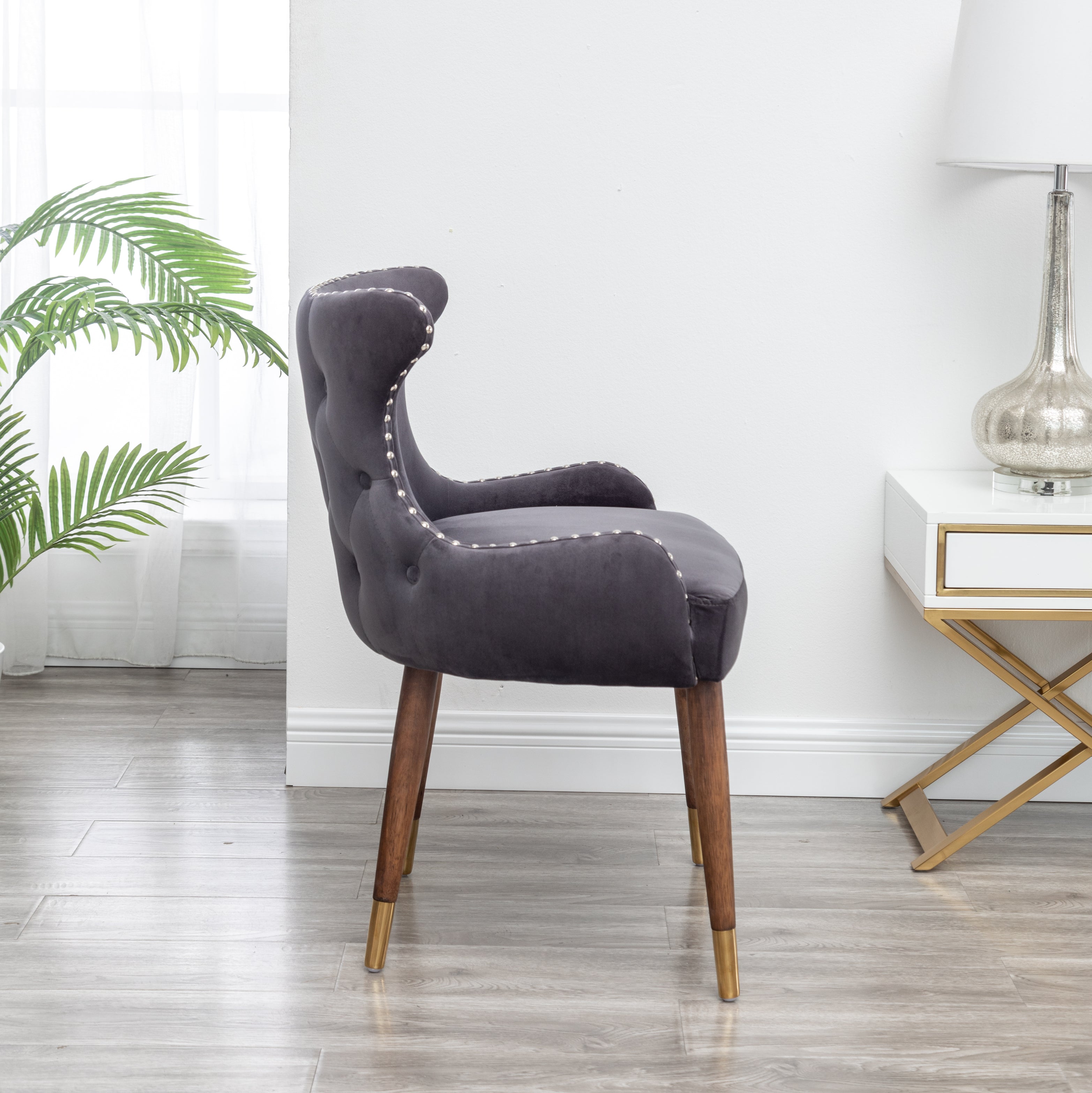 Roundhill Furniture Lindale Contemporary Velvet Upholstered Nailhead Trim Accent Chair in Gray - Modern Living Room Seating for Home Office, Lounge & Bedroom Decor