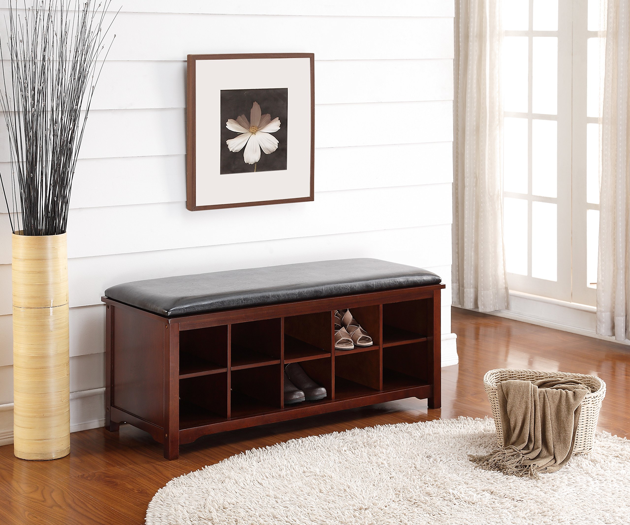 Linon Cape Anne Dark Walnut Wooden Bench, 45 Inch Wide Entryway Seating, Brown Finish - Perfect for Hallway, Bedroom or Living Room Furniture