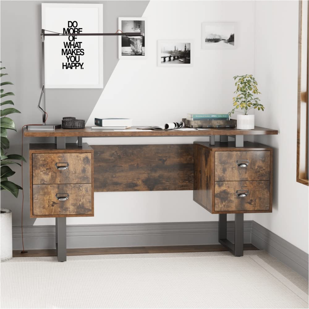 Rustic Brown Wooden Home Office Computer Desk with 4 Drawers - Perfect for Small Spaces, Remote Work & Study