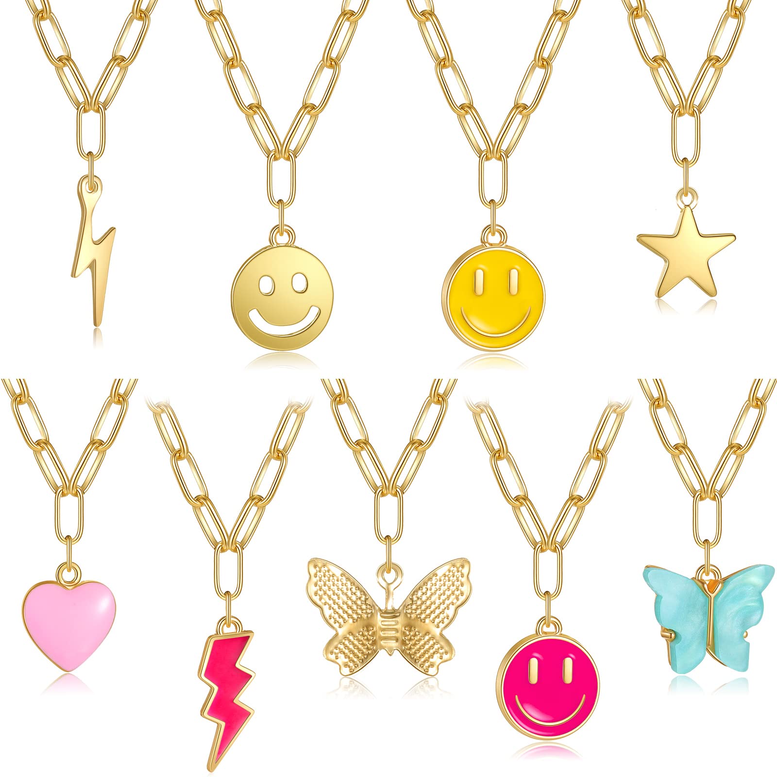 9 Pcs Preppy Necklaces Set for Women - Trendy Y2K Gold Smile Face & Lightning Heart Pendant Jewelry - Perfect for Teens, Daily Wear, Gifts & Party Accessories