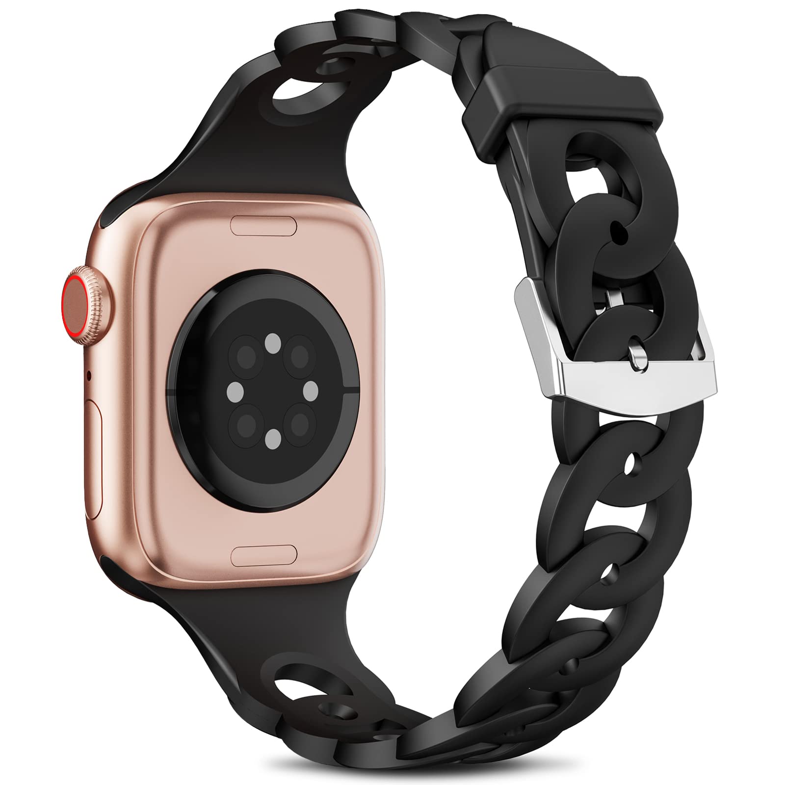 Premium Slim Silicone Apple Watch Bands for Women & Men - Compatible with 38mm 40mm 41mm 42mm 44mm 45mm iWatch Series 8/7/6/5/4/3/2/1/SE - Sport Thin Soft Strap Wristband with Circle Chain Design - Perfect for Gym, Running, Work & Everyday Wear