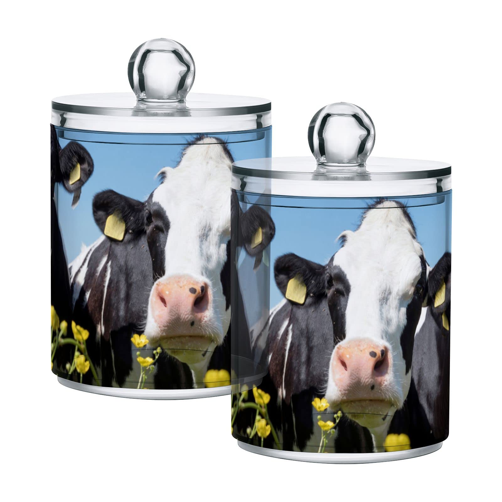 Black & White Cows with Yellow Flowers Green Meadows Blue Sky Design - 2-Pack 10oz Translucent Plastic Storage Jars with Airtight Lids - Perfect for Cotton Swabs, Tea, Cookies & Food Storage - Ideal for Kitchen Pantry Organization & Canning Supplies