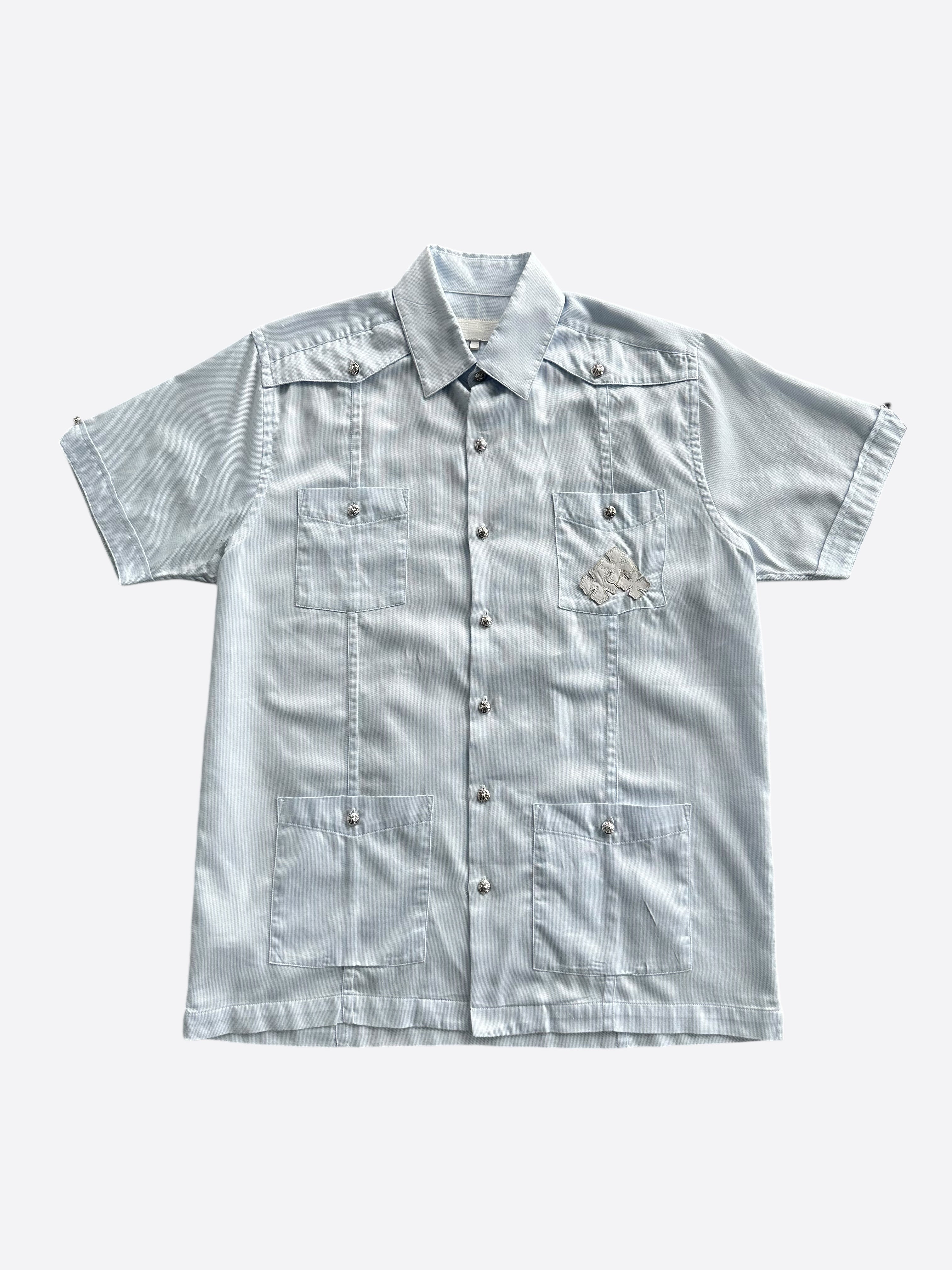 Chrome Hearts Blue & White Cross Patch Cuban Link Button Up Shirt for Men - Stylish Streetwear & Casual Outfit for Parties and Everyday Wear