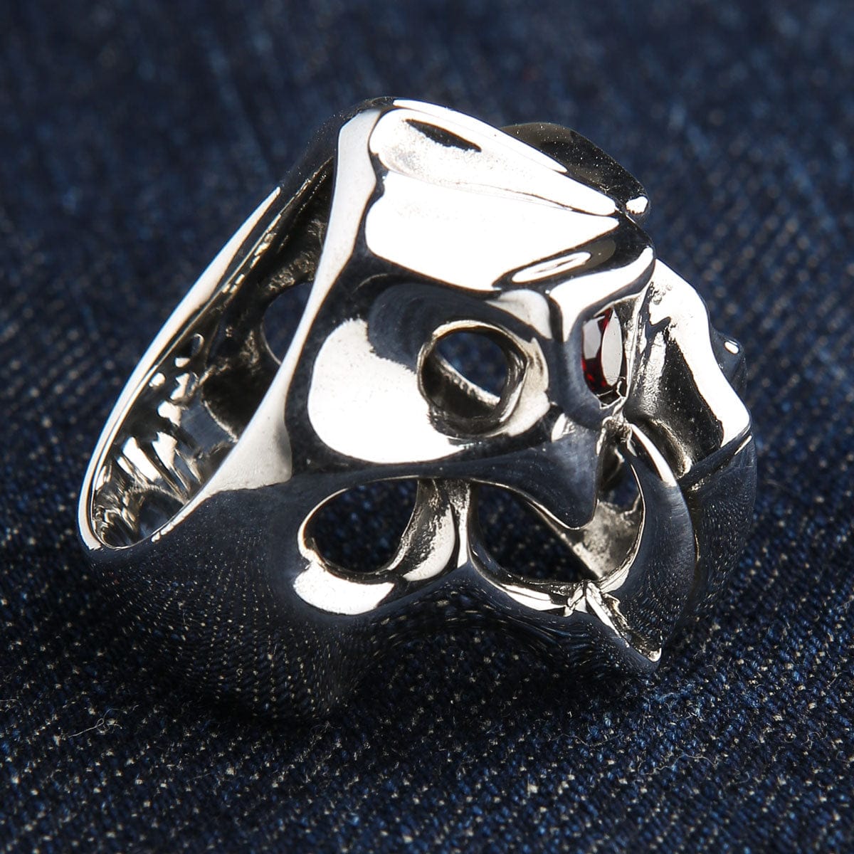 Red Eyes Fang Devil Skull Sterling Silver Biker Ring for Men - Gothic Punk Jewelry, Motorcycle Accessories, Halloween Costume, Rocker Gift