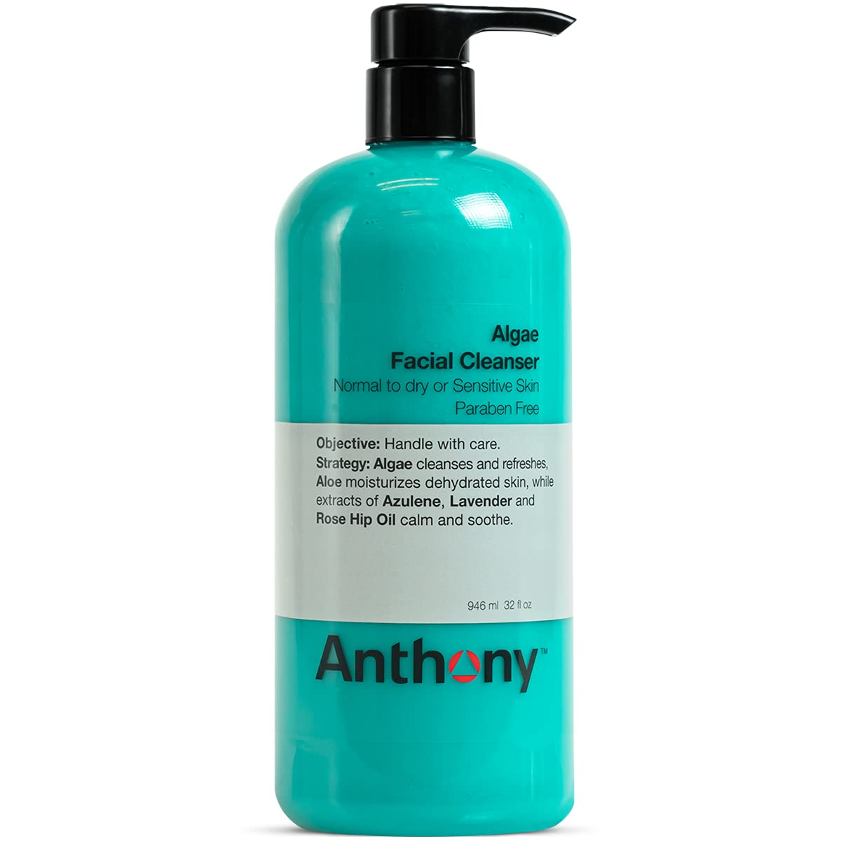 Anthony Algae Facial Cleanser 32 Fl Oz - Deep Cleansing with Algae, Aloe Vera & Rosehip Oil | Hydrating, Moisturizing & Soothing for Dry, Sensitive Skin | Perfect for Daily Skincare Routine & Post-Workout Refresh