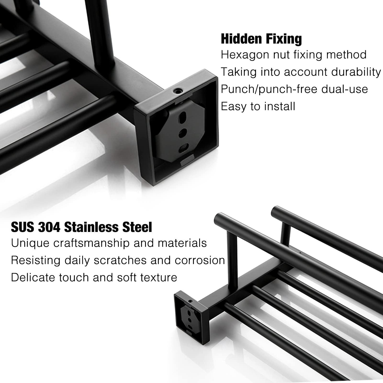 Stainless Steel Towel Shelf with Double Towel Bar - 27.5 Inch Wall Mounted Bathroom Organizer | SUS304 Matte Black Finish | Perfect for Bathroom, Hotel & Spa Decor
