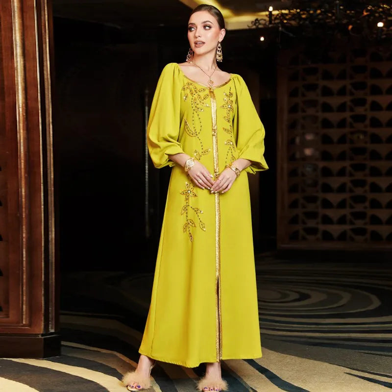 Elegant Hand-Stitched Rhinestone Beaded Caftan Dress for Women - Boho Chic Beach Cover Up, Evening Gown & Summer Party Wear