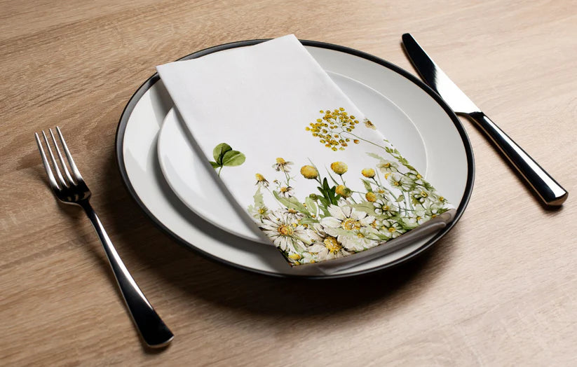 Eco-Friendly Disposable Linen Paper Guest Towels - 16 Pack Daisy Dream Design for Parties, Weddings & Luxury Bathrooms