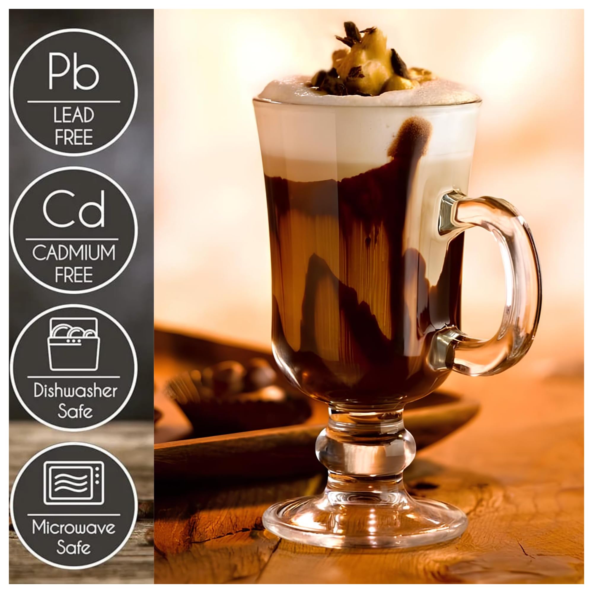 Premium Irish Glass Coffee Mugs Set of 2 - Clear Footed Latte Cups with Handle for Hot & Cold Drinks - 7.5 oz Glass Mugs for Irish Coffee, Cappuccino, Tea, Hot Chocolate & Ice Cream - Perfect for Home, Cafe & Gifts