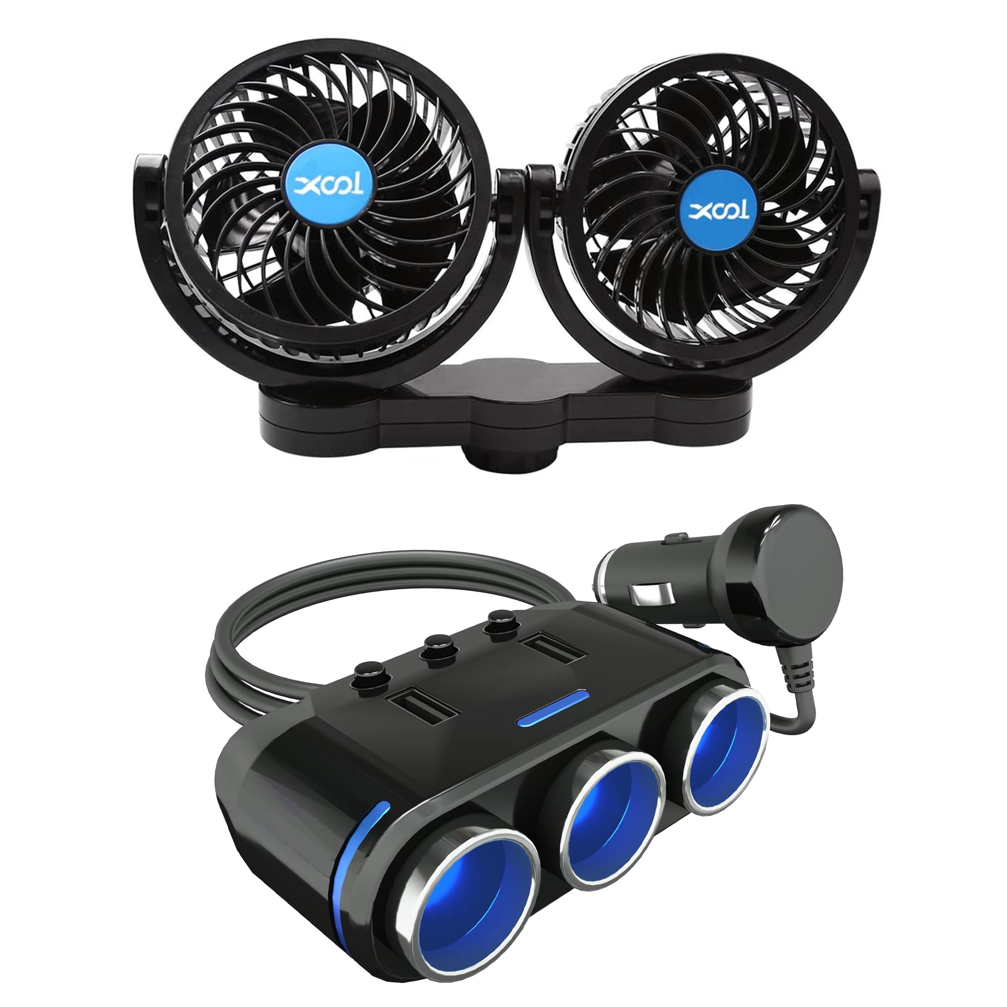 XOOL 12V Portable Car Seat Fan with USB Charger - Dual Cooling Air Fan for Rear Seat Passengers in SUV, RV, Truck & Vehicles - Perfect for Road Trips, Camping & Summer Travel