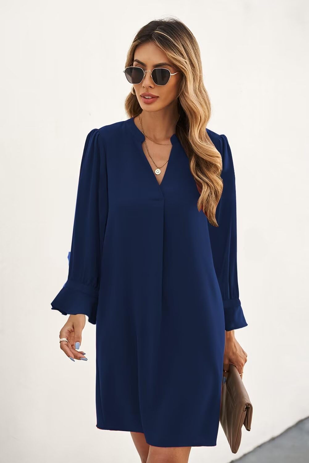 QACOHU Women's V-Neck Ruffle Long Sleeve Shift Dress - Casual Loose Flowy Dress for Spring Summer Autumn Winter 2025 | Perfect for Office, Date Night & Special Occasions