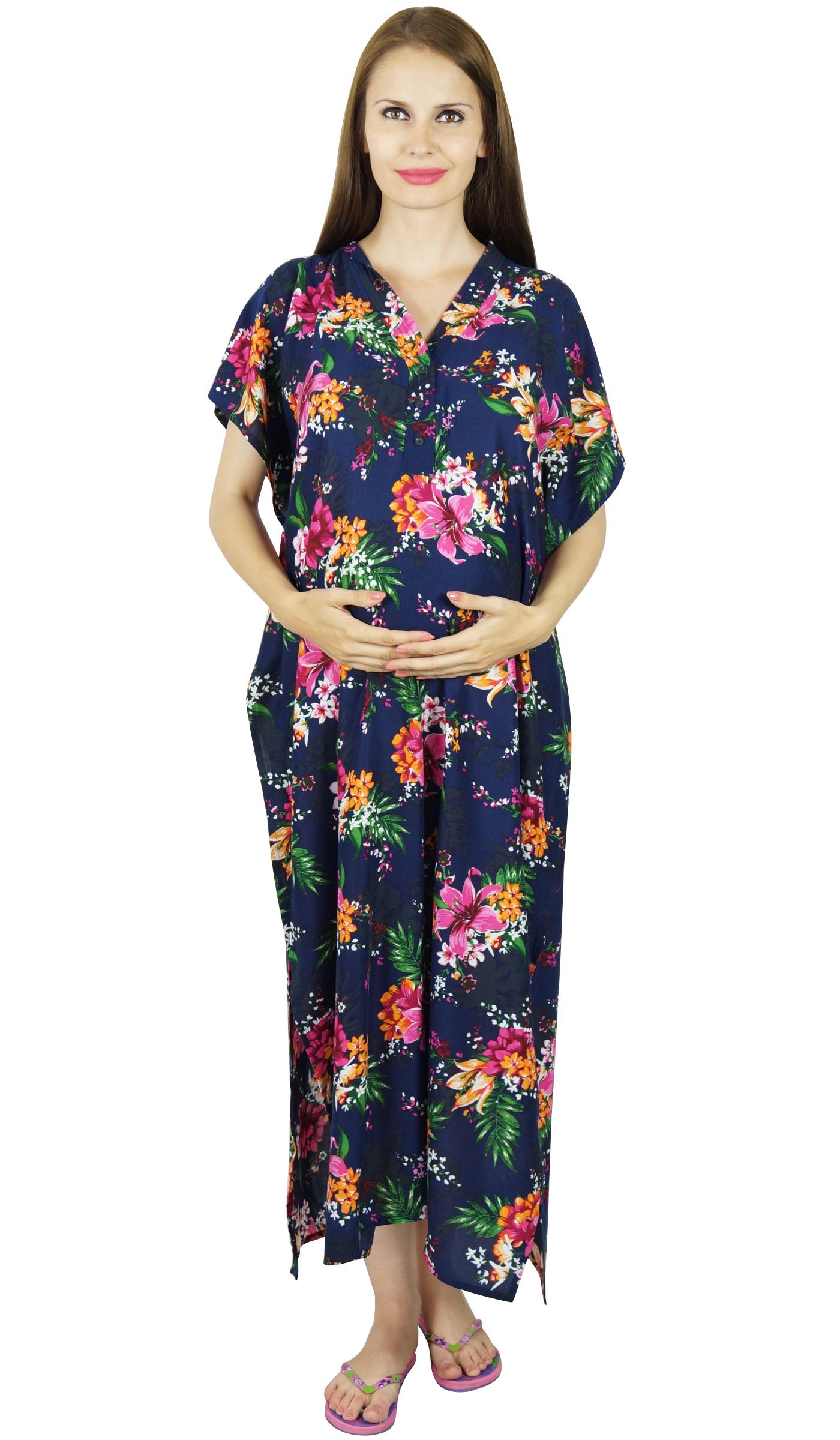 Bimba Maternity Kaftan Dress with Belt - Rayon Nursing Nightgown with Front & Back Buttons - Comfortable Blue Maternity Wear for Pregnancy, Breastfeeding & Postpartum Recovery