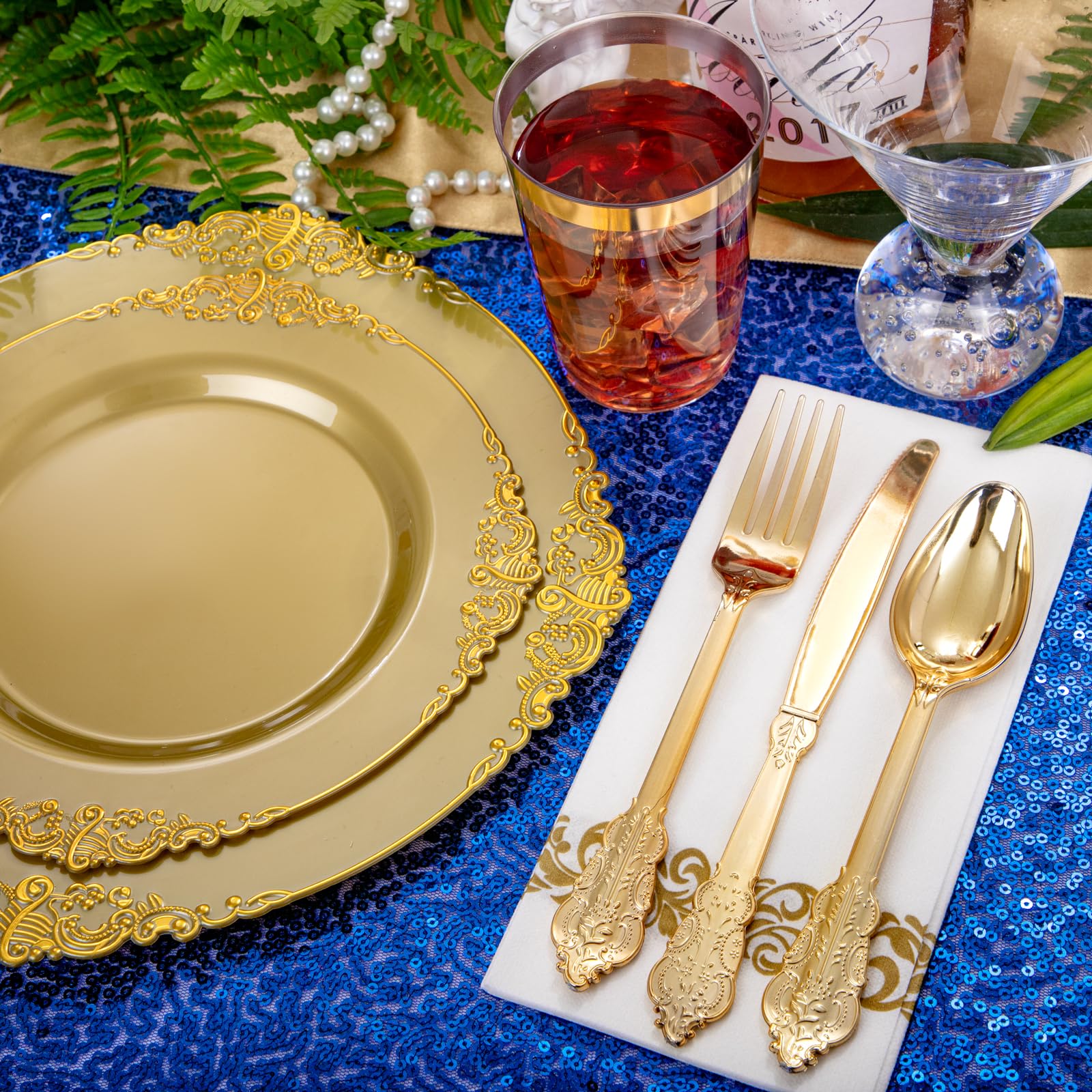 Morejoy 175PCS Elegant Gold Plastic Plates Set with Gold Rim - Disposable Dinnerware Includes 25 Dinner Plates, 25 Dessert Plates, 25 Cutlery Sets, 25 Napkins - Perfect for Wedding, Birthday Party, Baby Shower & Holiday Celebrations