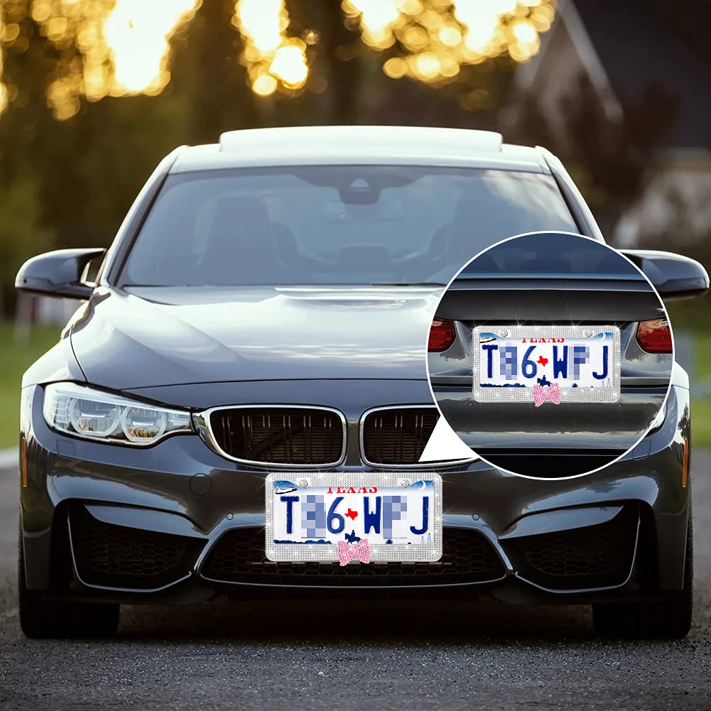 OTOSTAR Bling Rhinestone License Plate Frame with Ribbon Bow - Premium Stainless Steel 2 Hole Holder with Anti-Theft Screw Caps (White/Pink Bowtie) - Perfect for Car Decoration, Gift Giving & Customizing Your Vehicle