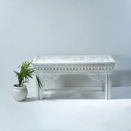 Hand Carved White Console Table - Solid Wood Entryway Table for Hallway, Living Room & Foyer Decor | Farmhouse Style Sofa Table with Storage Shelf