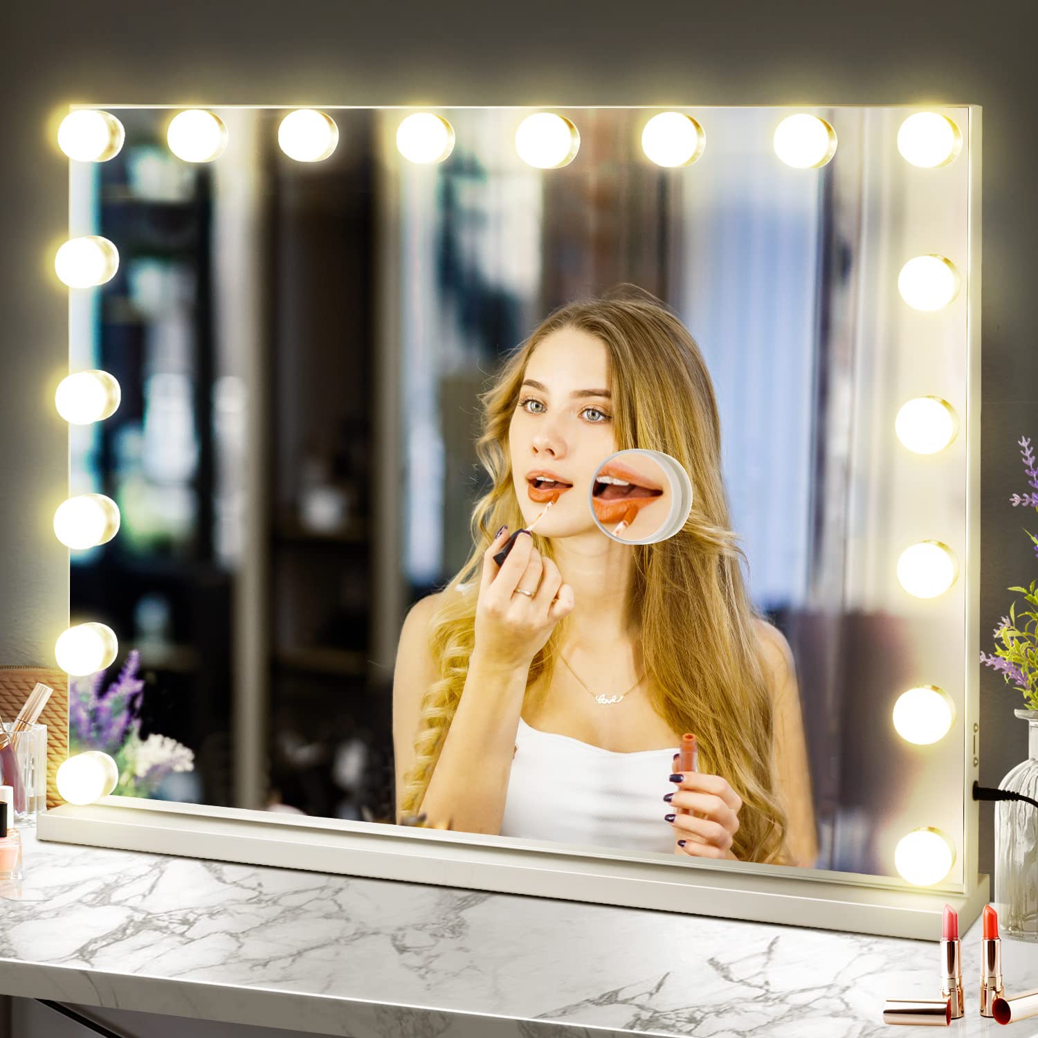 MIVONDA Hollywood Vanity Mirror with 18 LED Bulbs - Large Lighted Makeup Mirror with Dimmable 3 Lighting Modes, Plug-in & USB Charger Port (White) - Perfect for Dressing Table, Bedroom, Bathroom & Professional Makeup Artists