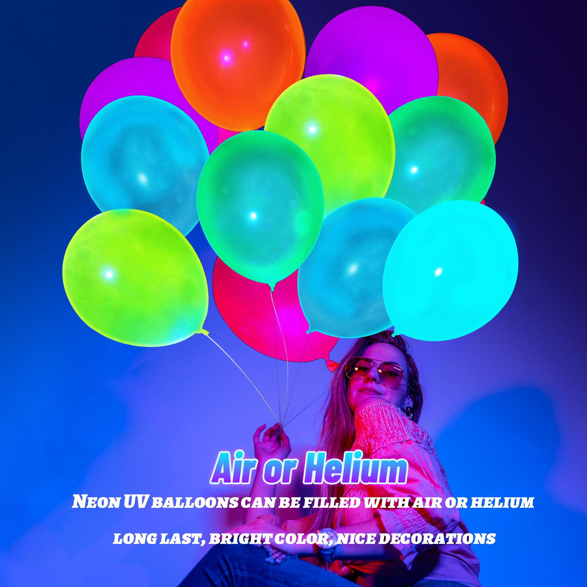 100 Pcs UV Neon Balloons - Blacklight Reactive Fluorescent Party Balloons for 80s Theme, Birthday, Wedding, Glow Party | Glow in the Dark Decorations for Night Events, Raves & Club Parties