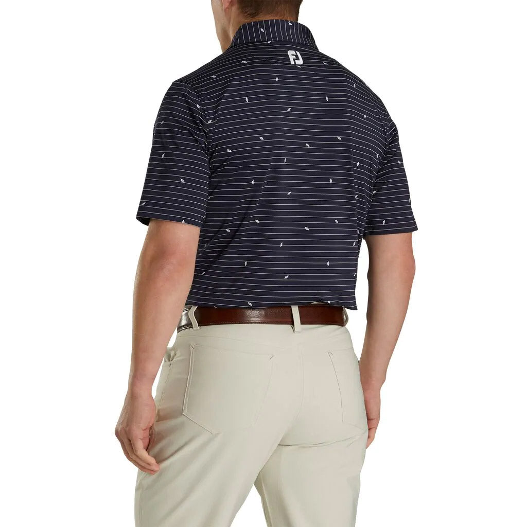 FootJoy Men's Athletic Fit Lisle Stripe Golf Polo Shirt with Self Collar in Navy Stripe - Breathable & Comfortable for Golf, Casual Wear & Outdoor Activities