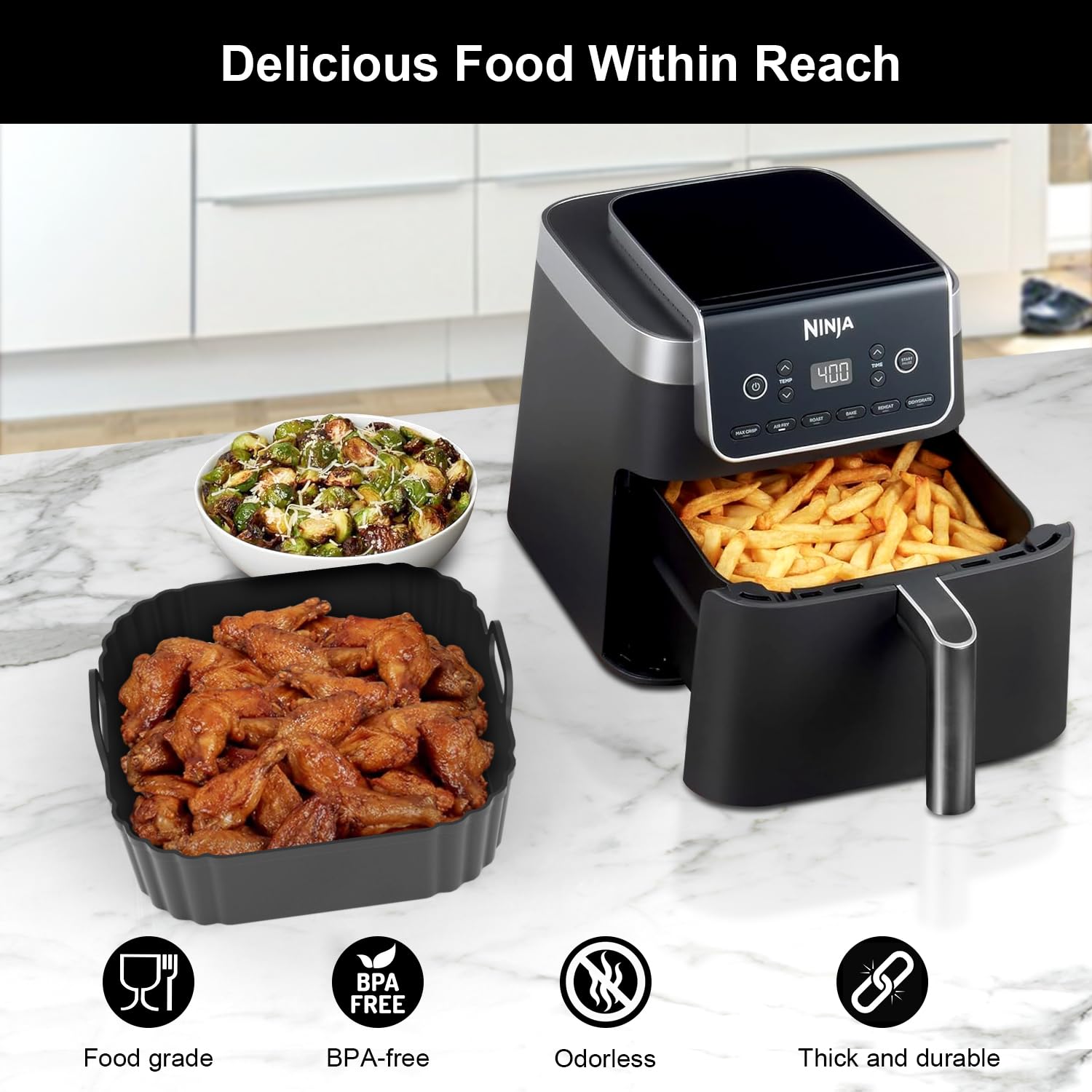Square Silicone Air Fryer Liners 2 Pack - 8.5 Inch Non-Stick Reusable Basket Liners Compatible with Ninja AF141/181 & COSORI 5-6.5 QT Air Fryers | Perfect for Healthy Frying, Roasting, and Baking | Dishwasher Safe Air Fryer Accessories