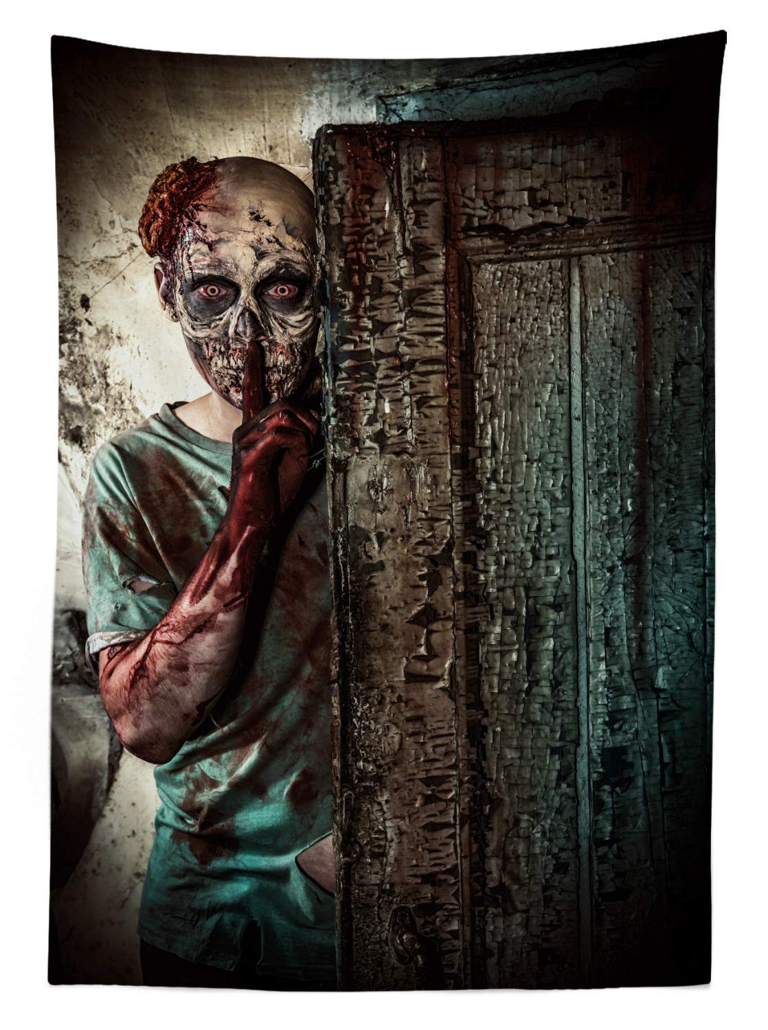 Ambesonne Zombie Outdoor Tablecloth - Halloween Horror Print with Monster Design, Washable Picnic Table Cover 58x84 Inches in Umber Teal Tan - Perfect for Spooky Parties, Haunted House Decor & Halloween Outdoor Dining