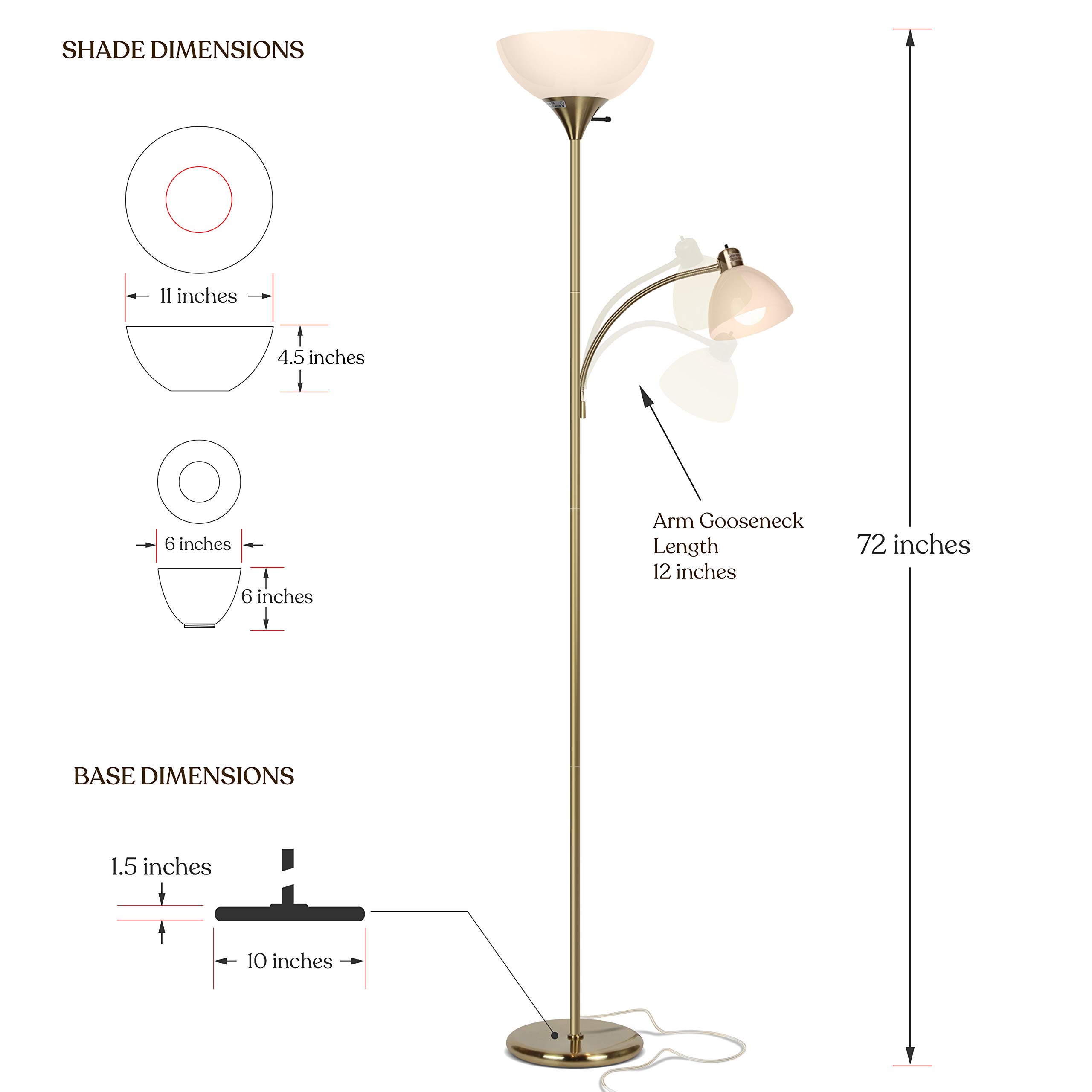 Brightech Sky Dome Plus LED Floor Lamp - Super Bright Dimmable Torchiere Standing Lamp for Living Room, Bedroom & Office - Adjustable Reading Light in Gold Brass Finish - Perfect for Cozy Nights & Workspaces