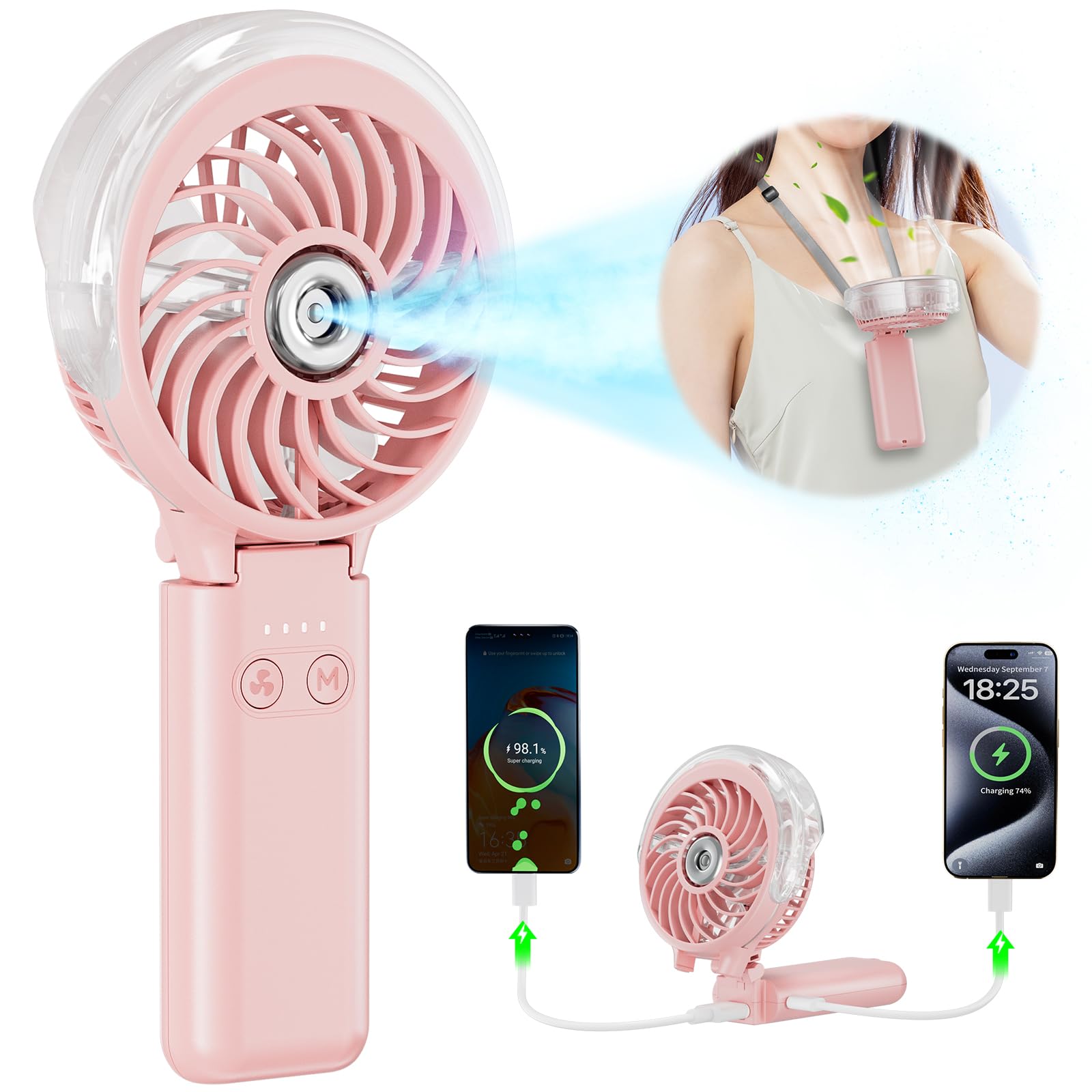 5200mAh Rechargeable Handheld Misting Fan with Portable Charger - 34ml Water Tank, USB Personal Cooling Fan - Compact Spray Mist Fan for Beach, Travel, Camping, Outdoor Sports & Summer Activities (Pink)