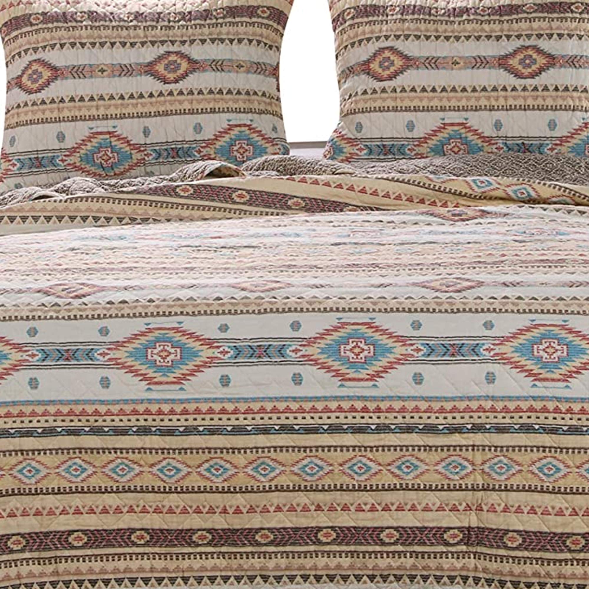 Benjara Full Size 3 Piece Polyester Quilt Set - Vibrant Kilim Pattern Bedding Collection | Perfect for Guest Rooms, Master Bedrooms & Bohemian Home Decor