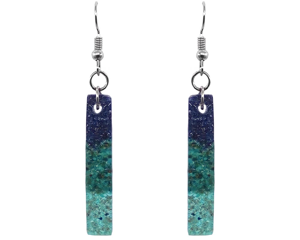 Long Rectangle Crushed Chip Stone Inlay Acrylic Striped Dangle Earrings - Handmade Boho Jewelry for Women | Trendy Accessories for Casual Wear, Parties & Festivals