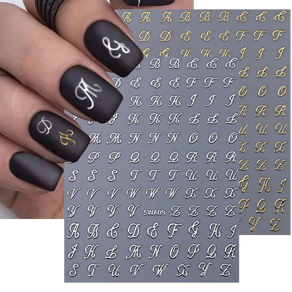 3D Old English Letter Nail Stickers - 8 Sheets Gold Silver Black White Retro Nail Decals for Women & Girls Manicure