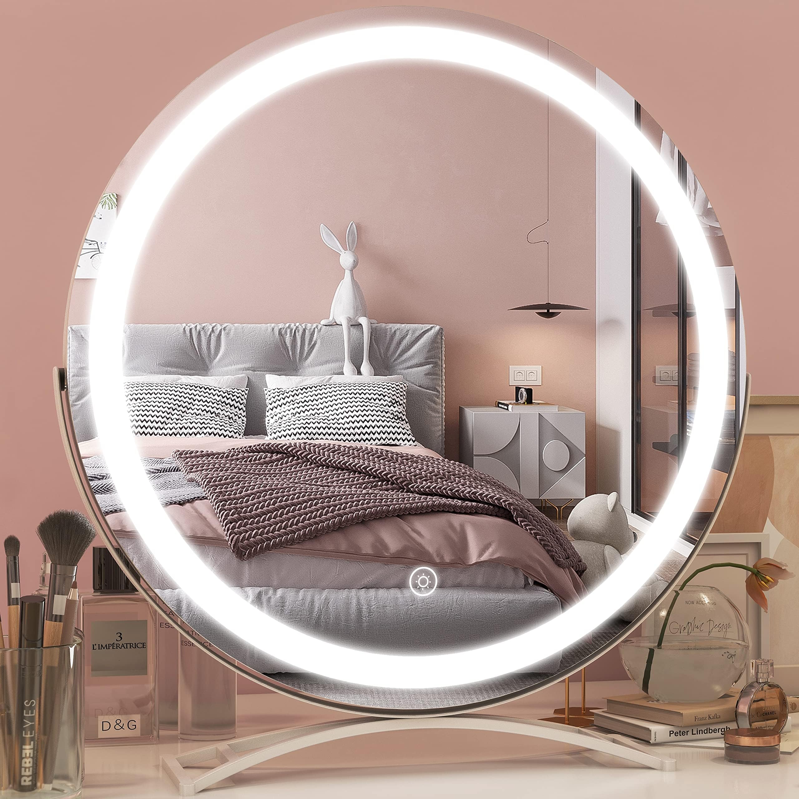ROLOVE 18 Inch LED Makeup Mirror with Lights - Smart Touch Control, 3-Color Dimmable Vanity Mirror, 360° Rotation - Perfect for Makeup Application, Dressing Room & Bedroom Decor (White) - Ideal for Professional Makeup Artists & Home Beauty Stations