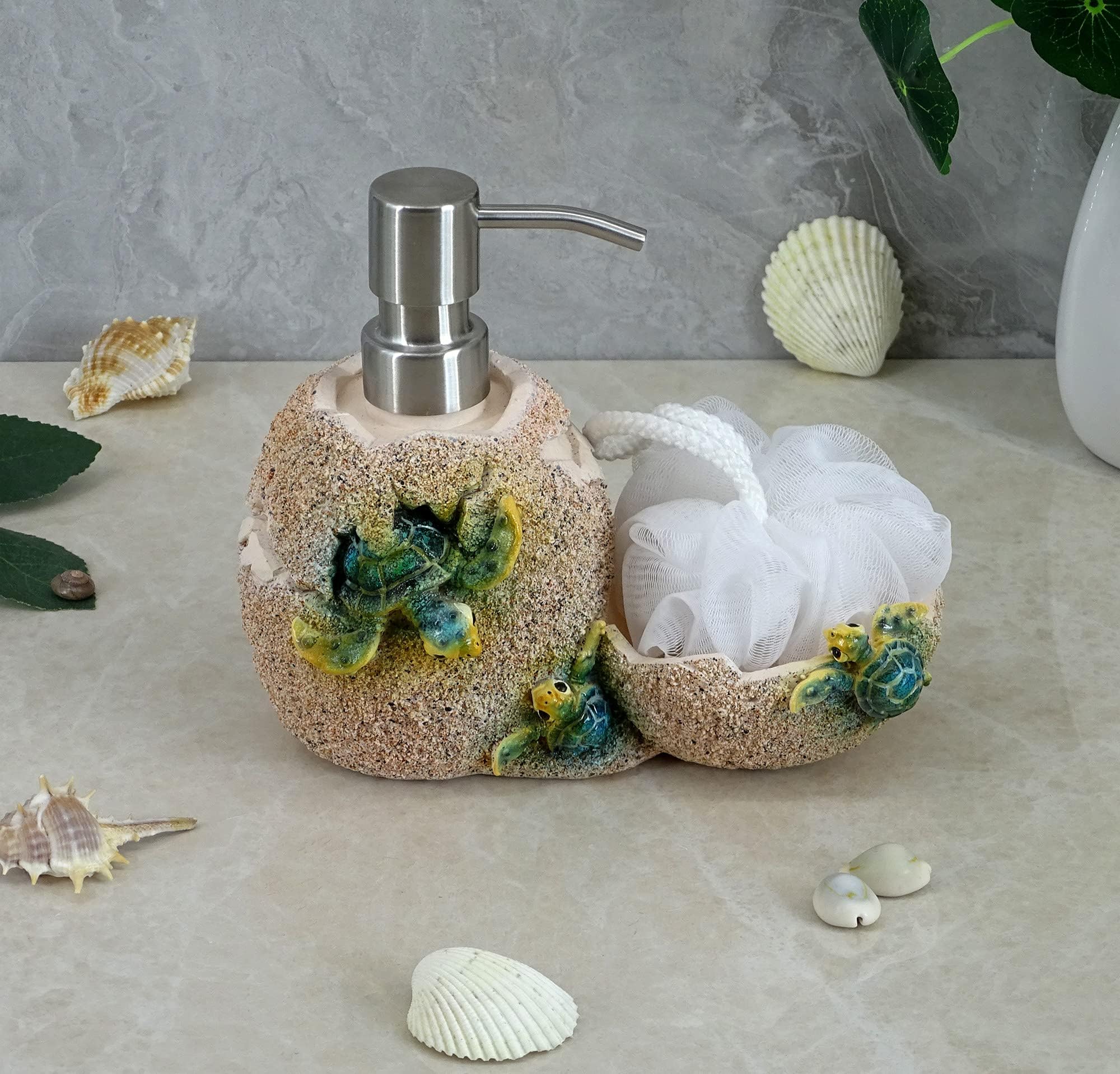 YHHRESINKING Sea Turtle Dish Soap Dispenser with Sponge Holder - Decorative Resin Baby Turtle Sink Organizer for Bathroom, Kitchen & Shower - Soap Tray & Sponge Storage Container (Blue) - Perfect for Beach House Decor & Coastal Themed Homes