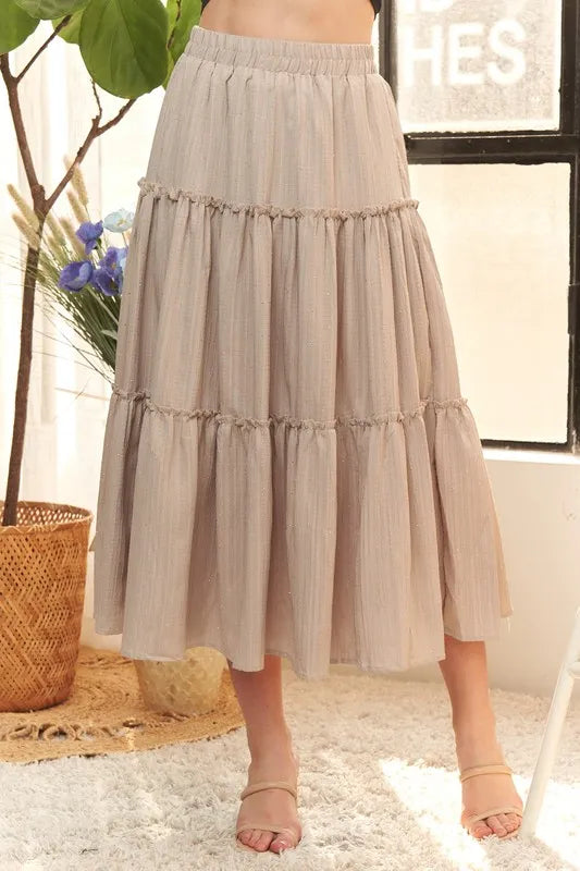 Rhinestone Tiered Taupe Skirt for Women - Elegant Midi Skirt with Rhinestone Details for Party, Wedding & Special Occasions