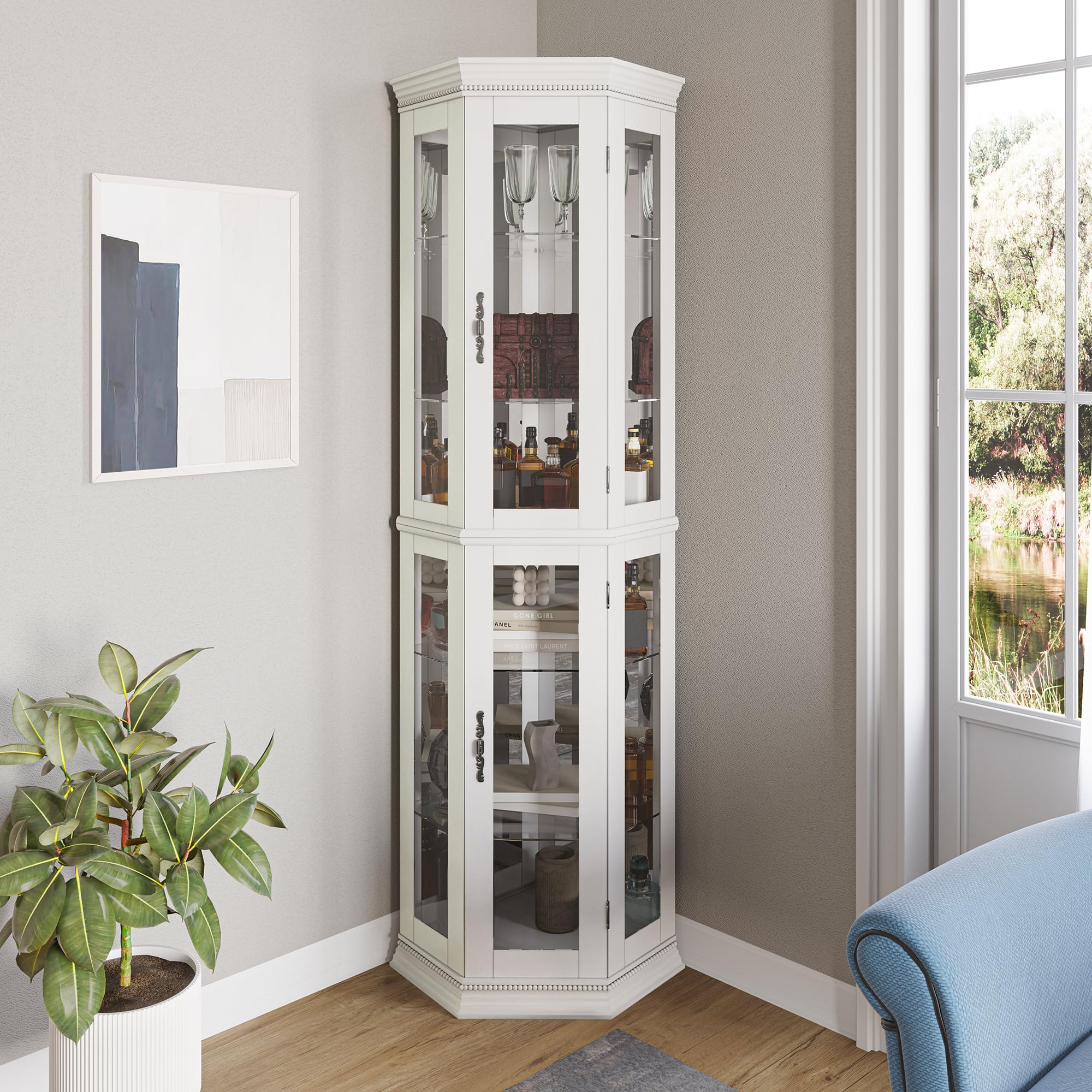 BELLEZE Lighted 3-Side Glass Display Curio Cabinet with Tempered Glass Doors & Shelves, Wooden Corner Display Cabinet with LED Bulbs - Perfect for Living Room, Bedroom, Office Decor & Collectibles Showcase (White)