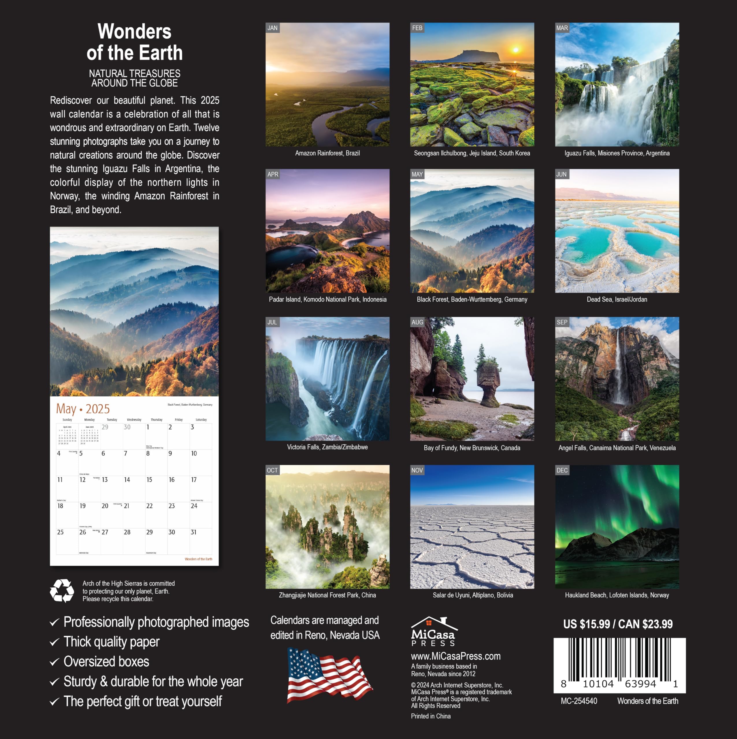 MICASA PRESS - Wonders of the Earth 2025 Wall Calendar | 12 Month Large Format (12