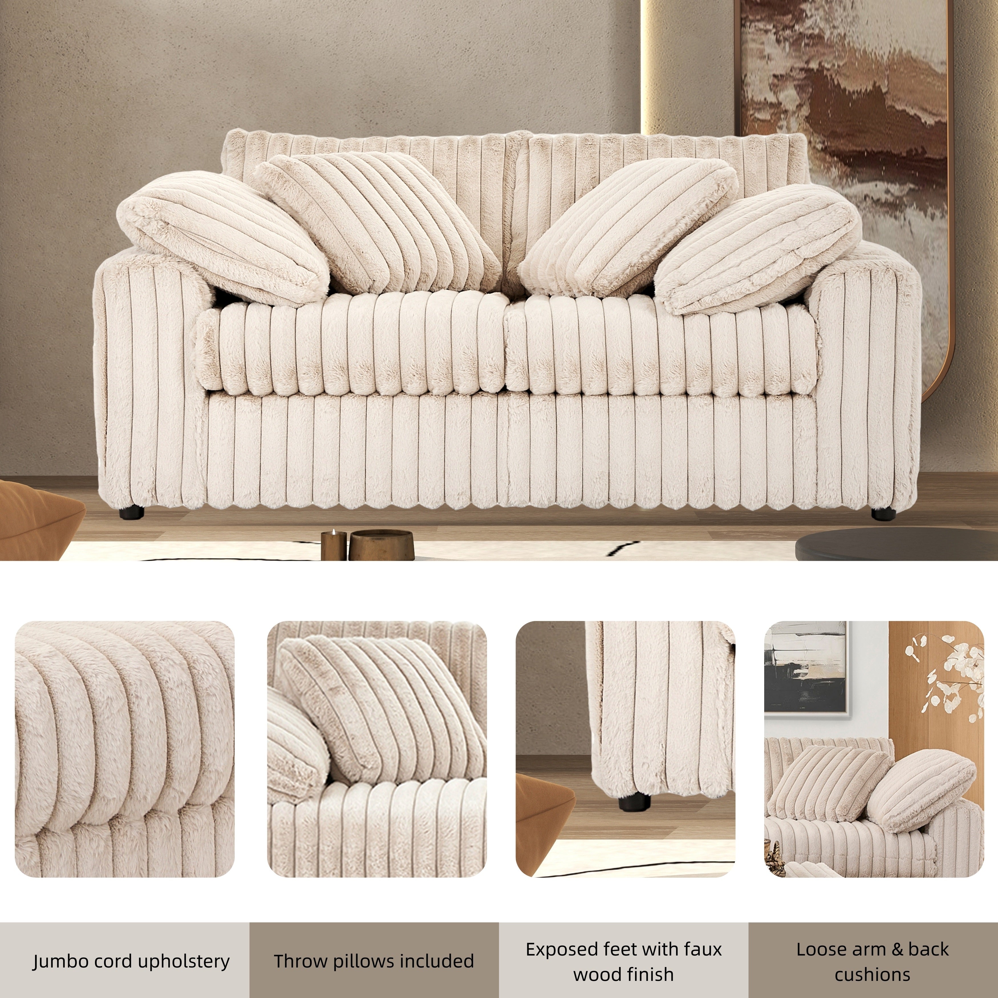 Roundhill Furniture Belvoir Upholstered Stationary Loveseat - Soft Fabric Sofa for Living Room, Small Space & Apartment | Comfortable Two-Seater Couch for Home Decor